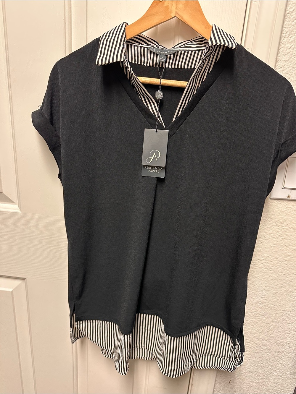 Adrianna Papell Black V-Neck Blouse with Striped Faux-Layer